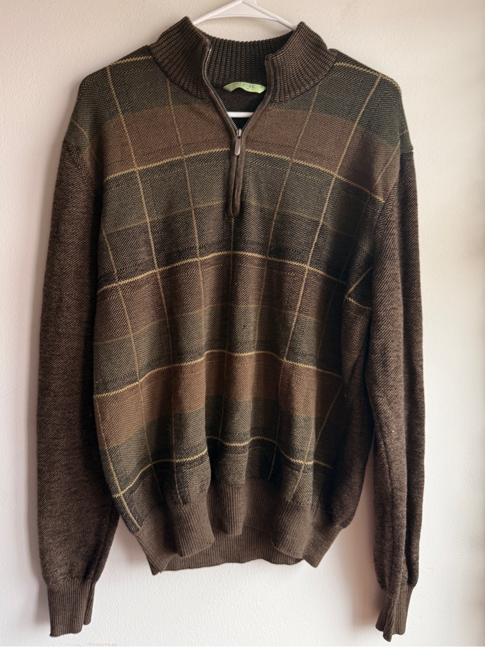 Dalmine Men's Brown Quarter-Zip Plaid Sweater 100% Virgin Wool Made in Italy